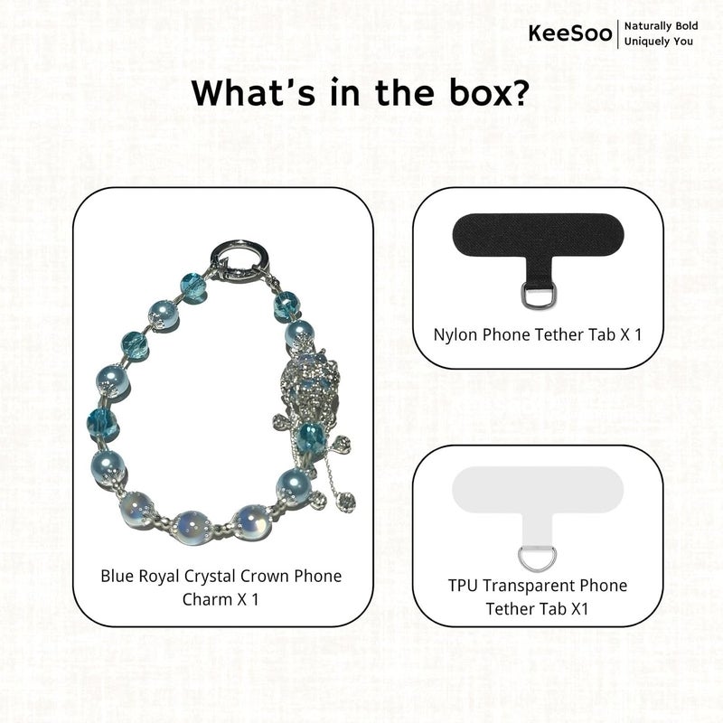 KEESOO Store سحر الهاتف بتصميم أصلي بتاج كريستالي أزرق ملكي مع 2 علامة ربط - أنيق، متين، وسلسلة هاتف بدون استخدام اليدين - متوافق مع آيفون، سامسونج، بيكسل والمزيد - Image 2
